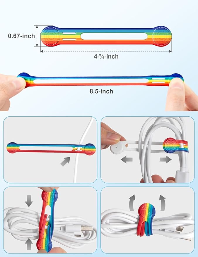 6 Packs Magnetic Cable Clips,Long Silicone Cable Straps, Reusable Cable Straps Wire Organizer,Rainbow Cable Management,Cord Organizer for Home Office Desk PC Accessories