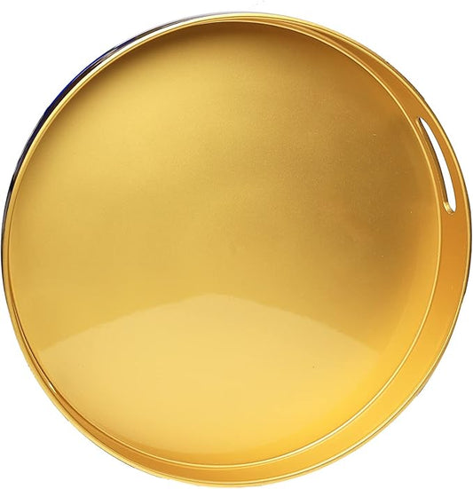 Spsyrine Round Gold Decorative Tray, 13" Plastic Serving Table Tray with Handles for Breakfast, Round Modern Ottoman Tray for Coffee Table, Bathroom, Kitchen, Living Room