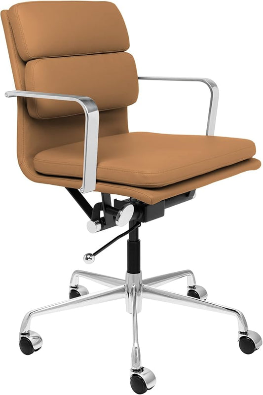 Laura Davidson Furniture SOHO II Padded Management Office Chair - Mid Back Desk Chair with Arm Rest, Swivel & Cushion Availability, Made of Faux Leather, Tan, Computer Chair