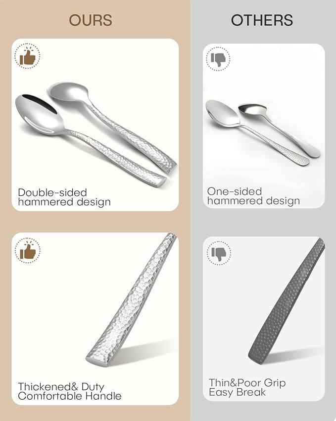 Hammered Silverware Set,Ollex 40-Pieces Hammered Flatware Cutlery Set for 8 Mirror Finished with Anti-rust stainless steel Spoon Knives Forks for Kitchen Hotel Modern Utensil Sets,Dishwasher Safe