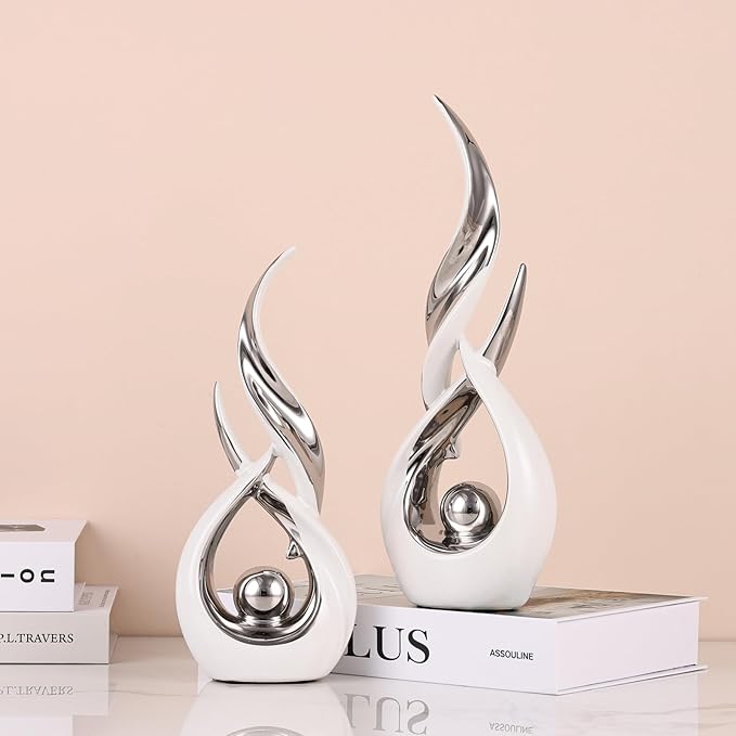 2 PCS White Silver Ceramic Statues For Home Decor Accents, Modern Abstract Art Sculptures, Elegant Tabletop Decorative Objects For Dining Room, Entryway, Tv Stand, Mantel, Coffee Table Centerpieces