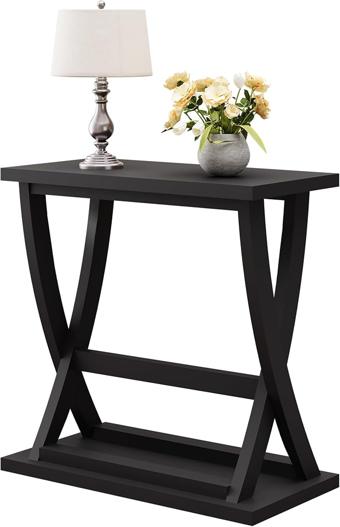 ChooChoo Black End Table, Narrow Side Table with Storage Shelf, Modern X-Design Slim End Table for Living Room,Bedroom, Small Space, 11.8" D*23.6" W*23.4" D