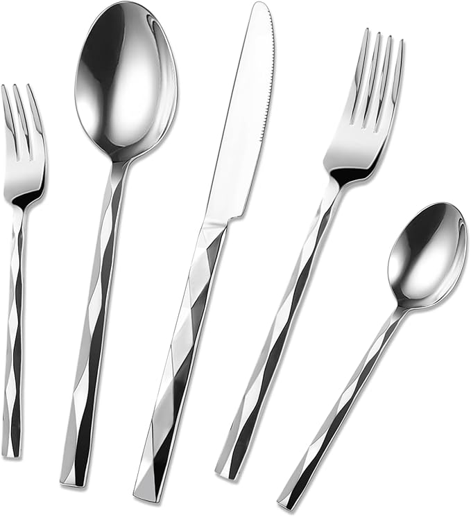 20-Piece Silverware Set, Premium Flatware Set for 4, 18/10 Stainless Steel Cutlery with Diamond Cut Pattern for Dinner, Kitchen, Home, Wedding, Party, Dishwasher Safe