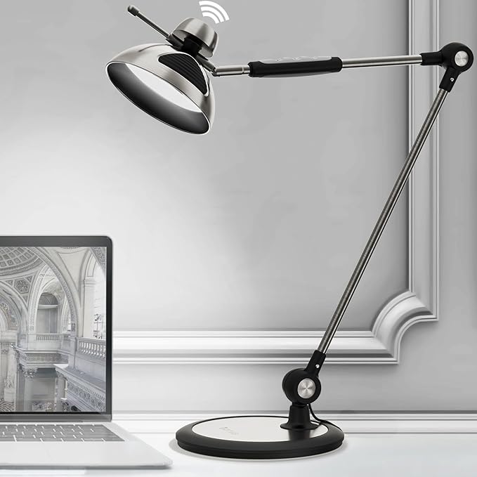 OTUS LED Desk Lamp for Home Office with Gesture Control | Eye-Caring Desk Light 1500 Lux, 12 Brightness & 3 Color | Architect Desk Lamp with Adjustable Swing Arm | Table Light for Work, Study, Reading