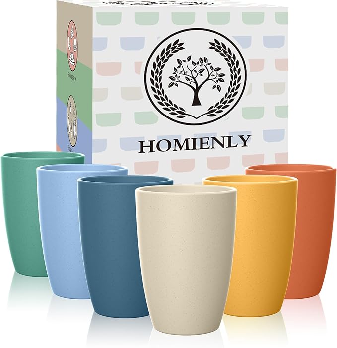 Homienly Wheat Straw Cups, Alternatives to Plastic Cups Reusable Set of 6, Unbreakable Drinking Cup Water Tumblers for Kitchen,Camping, Party, Dishwasher Safe Drinking Glasses Set(12 OZ, Colorful)