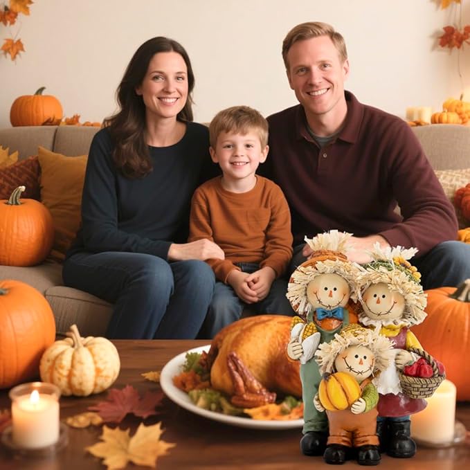 Hodao Fall Scarecrow Family Figurine with Pumpkin, Corn and Apple Basket, Hand-Painted Resin, Autumn Harvest and Thanksgiving Home Decor and Gift for Tiered Tray, Mantel, Tabletop, Windowsill