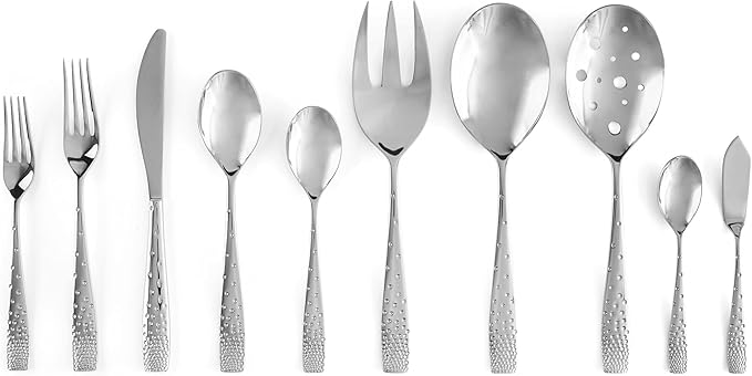 nambe Dazzle 45-Piece Flatware Set Service for 8 Plus Butter Knife, Sugar Spoon and 3 Piece Hostess Set, 18/10 Mirror Stainless Steel Silverware Cutlery Set, Dishwasher Safe