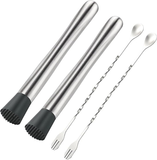 4Pcs 10'' Muddler and Spoon Set for Cocktails 304 Stainless Steel Fruit Smasher Home Bar Bartender Accessories Stirrers Mixing Tools for Mojitos Drinks Lemonade Stand Supplies