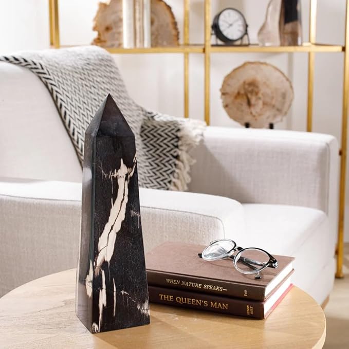 KALIFANO - 12" Black Petrified Wood Obelisk Point, Hand-Carved, Timeless, Unique, and Elegant Decor Accent, Office or Home Decor
