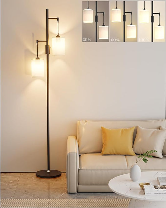 65IN Dimmable (Brightness Adjustable) Tree Floor Lamp, Mid Century Tall Standing Lamps with 2 E26 3000K LED Bulbs, Fabric Shades, Industrial Modern Floor Lamp for Living Room Bedroom