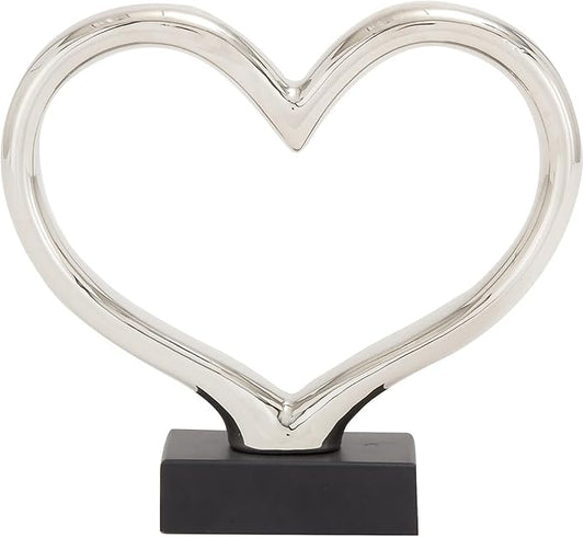 Deco 79 Ceramic Heart Decorative Sculpture Home Decor Statue with Black Base, Accent Figurine 13" x 3" x 12", Silver