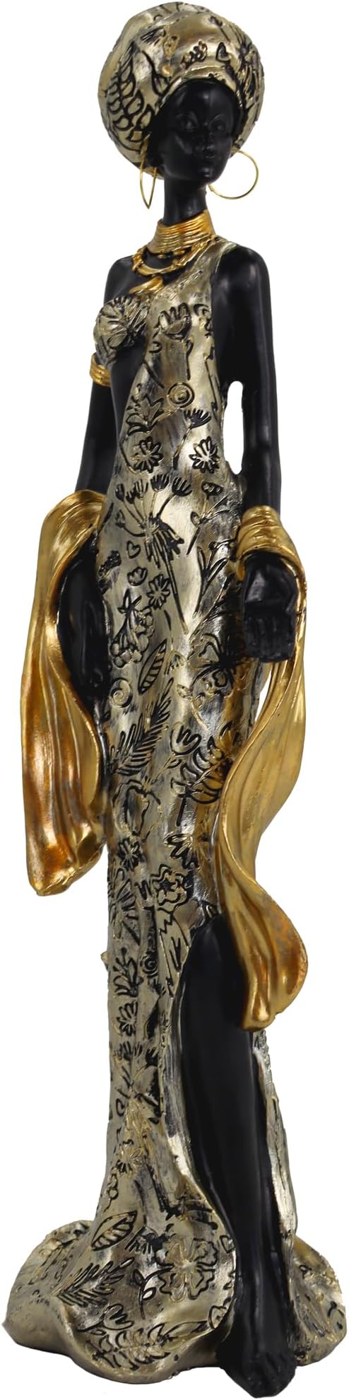 African Woman Resin Figurine – Golden Gown Tribal Sculpture with Headwrap & Jewelry, Elegant Handmade Figurine for Shelf, Mantel, Living Room or Office Decor