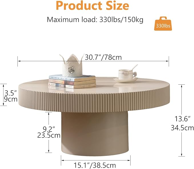 Modern Wood Coffee Table - Handcraft Drum Coffee Tables with Sturdy Base, Easy Assembly, Contemporary Style Small Coffee Table Tea Table for Living Room, Bedroom, Office (White Thin)