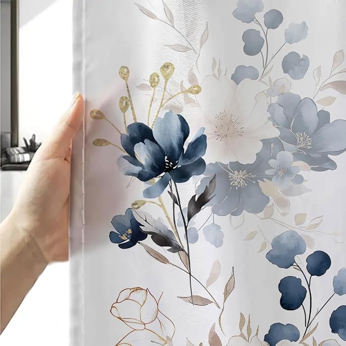 Sanzugh Navy Blue and Gold Flower Long Shower Curtain, Boho Watercolor Floral Leaves Cute Fabric Shower Curtains Set for Bathroom Decorative with Hooks 72 X 78 inch Beautiful Bath Decor