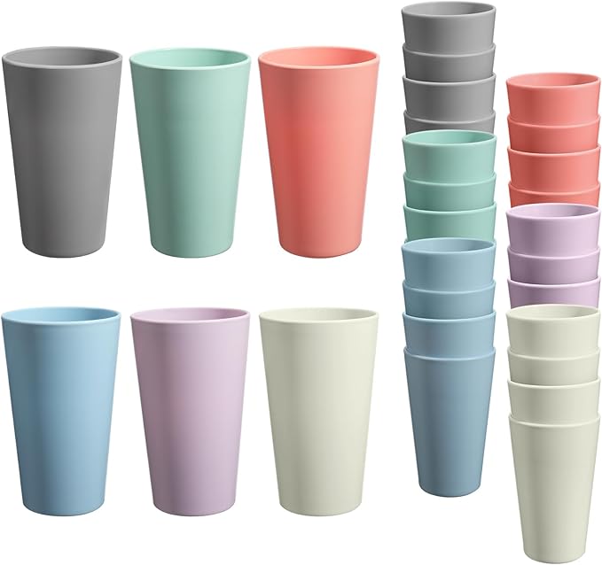 24 Pcs Unbreakable Plastic Cups Set, 20 oz Reusable Plastic Cups, Stackable Water Tumblers, Drinking Cup for Kitchen, Outdoor, BPA-free, Dishwasher Refrigerator and Microwave Safe (20 oz, 6 Colors)