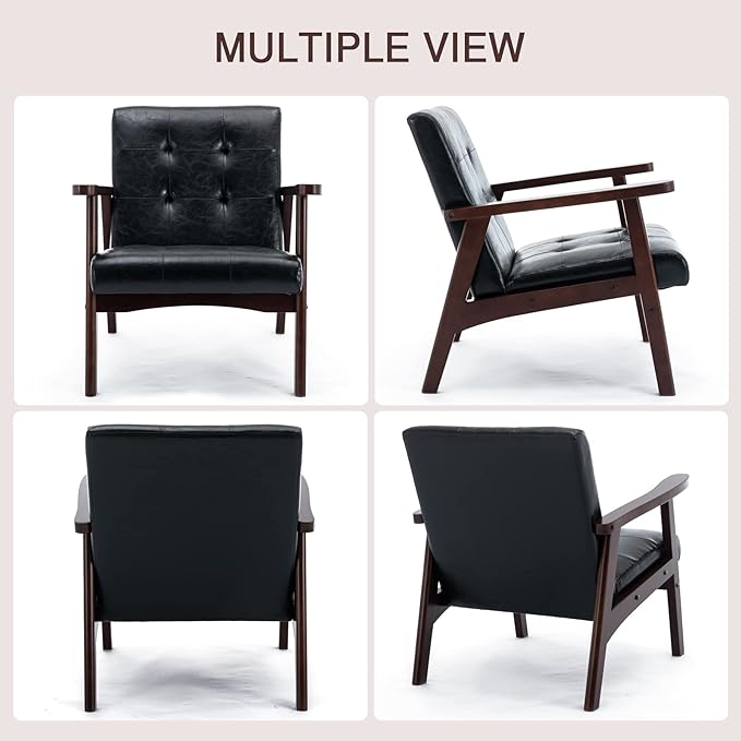 Bonzy Home Mid Century Modern Accent Chairs Set of 2 for Living Room, Upholstered Faux Leather Armchair Comfy Retro Bedroom Side Chair with Solid Wood Frame, Black