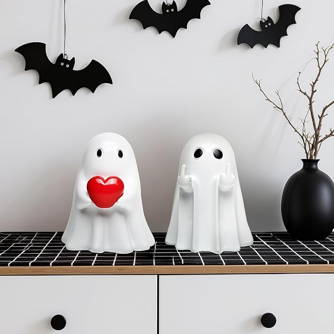 Halloween Ghost Figurine Decor - 2Packs Funny Middle Finger & Heart Hallowen Statue, Cute Spooky Ghosts Figurine Hallowee Decoration for Gift Props Tabletop Home Decor New Year's Gifts