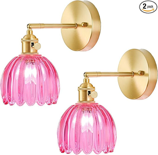 Wall Sconces Set of Two Hardwired, Vintage Sconce Light with Tulip Ruby Red Glass Lampshade, Bathroom Wall Lights with Switch, Gold Wall Light Sconces Wall Decor Set of 2