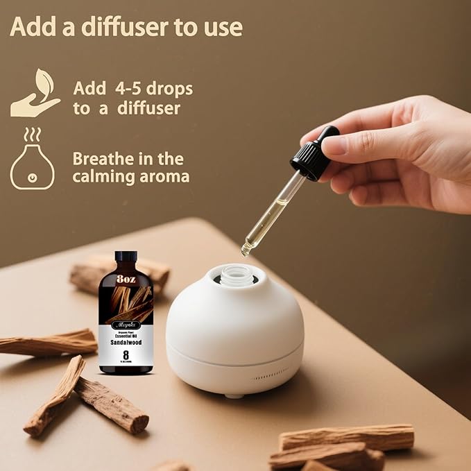 Sandalwood Fragrance Oil-Sandalwood Essential Oil 8.33oz (250ml)-100% Pure Natural Scent for Diffusers, Candles, Soap Making & Aromatherapy-Relaxing Home & Gift Essential Oil for Bath, Massage