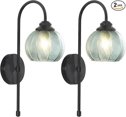 KCO Lighting Mid Century Modern Wall Sconce Matte Black Vintage Bathroom Light Fixture Green Glass Globe Wall Light Hallway Indoor Sconces Wall Lighting Set of 2