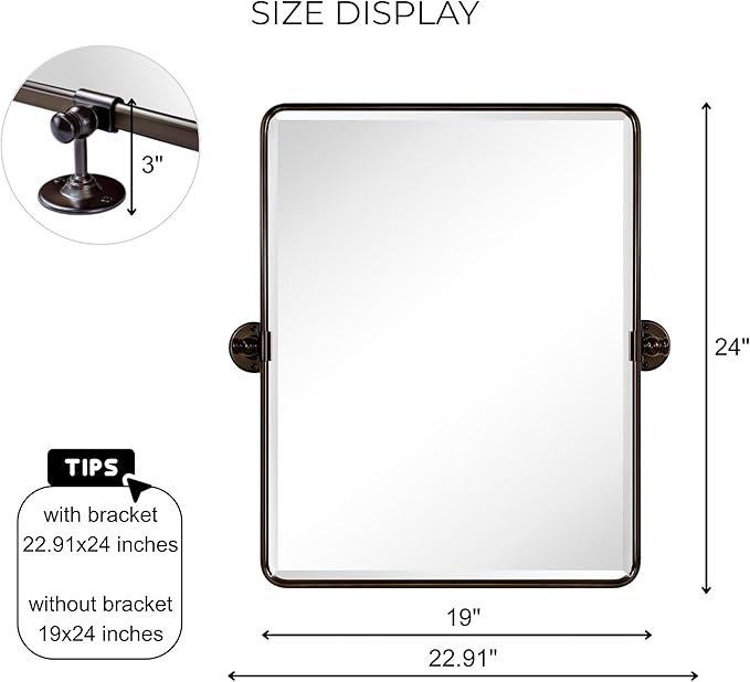 Farmhouse Oil Rubbed Bronze Metal Framed Pivot Rectangle Bathroom Mirror Rounded Rectangluar Tilting Beveled Vanity Mirrors for Wall, Overall 22.91 x 24 inches (Mirrror 19 x 24 inches)