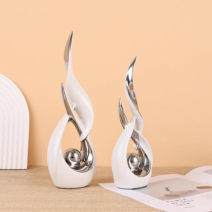 2 PCS White Silver Ceramic Statues For Home Decor Accents, Modern Abstract Art Sculptures, Elegant Tabletop Decorative Objects For Dining Room, Entryway, Tv Stand, Mantel, Coffee Table Centerpieces