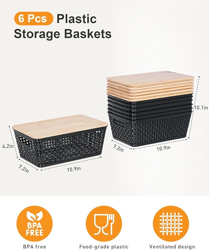 Storage Bins with Lids 6 Packs, Plastic Storage Bins with Bamboo Lids for Pantry Organization and Storage Containers for Shelves Drawers Desktop Closet Office Home, Black