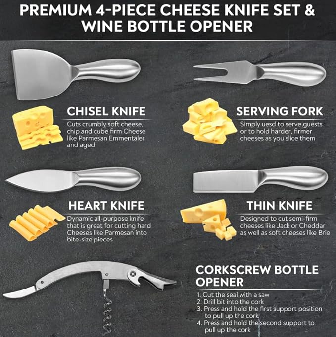 Handcrafted Italian Olive Wood Cheese & Charcuterie Board Set with Unique Blue Resin Artwork - Cutting Board Comes with 4 Cheese Knives, 2 Dipping Bowls & Corkscrew Wine Opener (Blue)