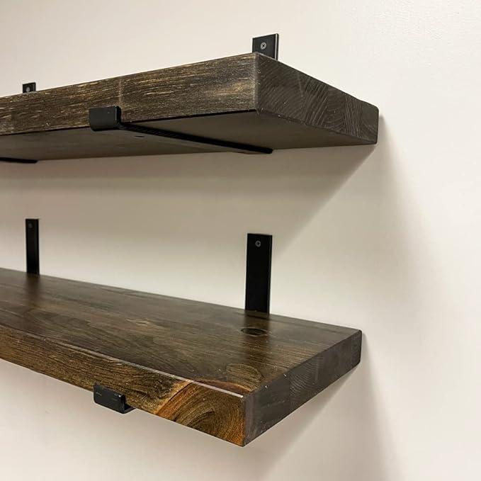 Rustic Shelves with J-Brackets Set of 2, Industrial Shelf, Kitchen Shelves, Solid Wood, Decorative Wall Storage, Heavy Duty, URBANDI (Dark Brown, 12Wx12D)