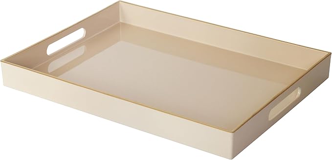Cream Sturdy Acrylic Serving Tray with Handles-15.7x11.8Inch, Morden Plastic Rectangular Serving Tray for Coffee Table Bathroom, Ottoman, Home Decor