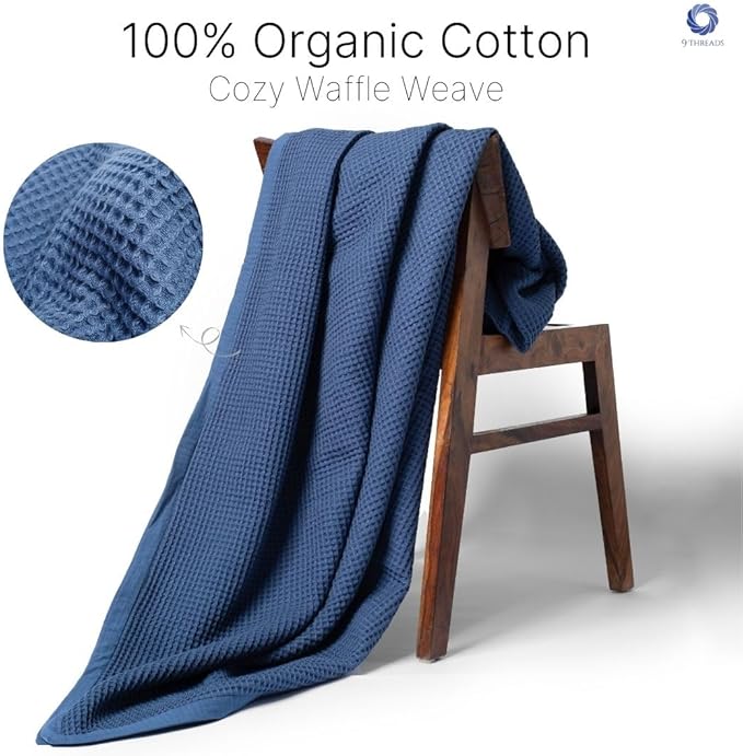 GOTS Certified Organic Cotton Waffle Weave Blanket, Queen Bed Size, 90"X90"Cozy Throw Blanket for Couch, Modern Home Decor Throw Blankets,Comfy Waffle Blanket Soft Bed Blankets -Navy Blue
