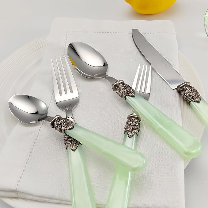 REVERIE Collection 20-piece 18/10 Stainless Steel Vintage Flatware set,Sliverware set Service for 4,Dishwasher safe(20, Green)