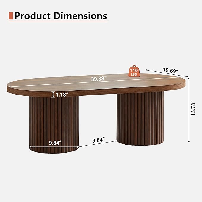 AVZEAR Oval Fluted Coffee Table for Living Room, Mid Century Modern Coffee Table with Fluted Legs, Curved Round Wooden Center Table for Home, Office, Cafe, Vintage Walnut (39.38" x 19.69" x 13.78")