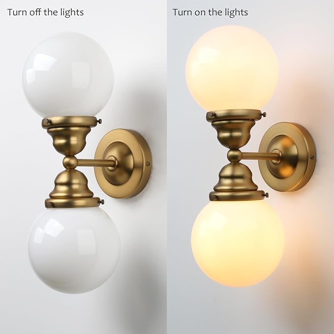Pathson Milk White Glass Wall Sconces Lighting, 2 Lights Industrial Wall Vanity Light Fixtures Brass Finish, Vintage Wall Sconce Lamp for Bathroom Living Room Bedroom