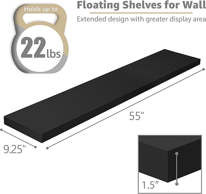 Sorbus Floating Shelves for Wall - 55 Inch Extra-Long Bathroom Shelves, Wall Decor for Bedroom, Kitchen, Living Room, Book Storage - Mounted Floating Shelf with Hidden Brackets (Black, 3 Pack)