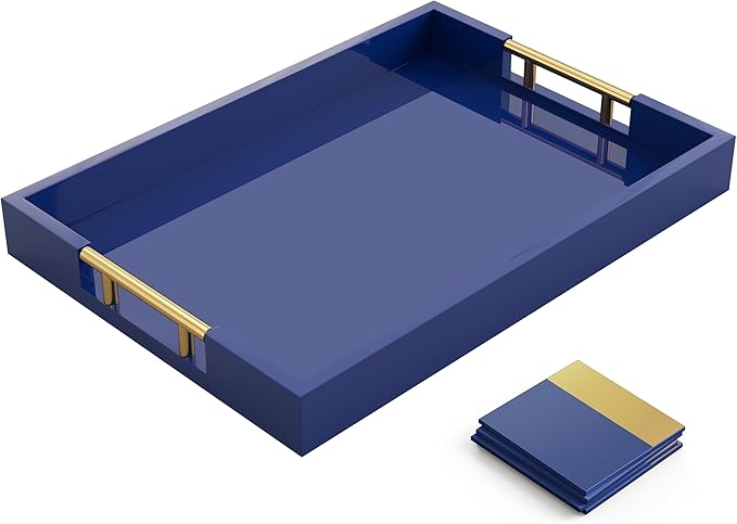 Wood Serving Tray with Gold Polished Metal Handles, Home Decorative Wooden Rectangle Ottoman Decor Platter Bathroom Vanity Tray for All Occasions Gloss Finish, 16"x12", Navy Blue