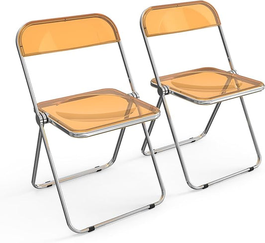 VINGLI Acrylic Folding Chairs 2 Pack, Clear Chair Foldable and Stackable, Plastic Panel & Metal Chrome Frame, Weight Capacity 350 lbs, Orange