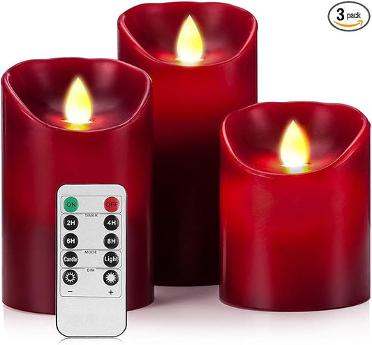 Flameless LED 4/5/6-Inch Drip-Less Wax Pillar Candles - Real Wax & Real Flickering Candle Motion - with Remote 24-Hour Timer Function,Burgundy Color,Sets of 3