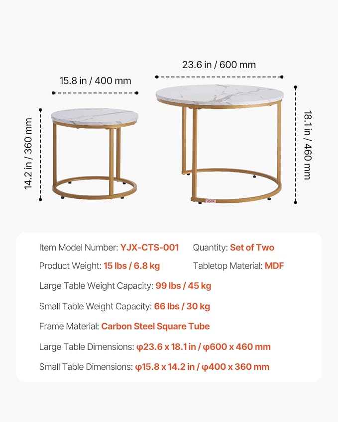 VEVOR Nesting Tables, Coffee Table Set of 2, 23.6 inch Round Coffee Table, Small Coffee Tables Night Stand with Metal Frame, for Living Room, Bedroom, Office (White & Gold)