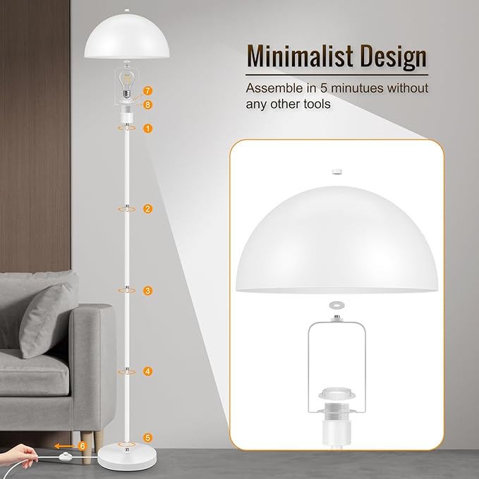 Floor Lamp for Bedroom Modern, Lamp with Mushroom Lampshade, 65.5" Tall Floor Lamp, E26 Base, Footswitch, ETL Listed, Industrial Standing Lamps for Living Room Nursery, Mid Century Home Decor, White