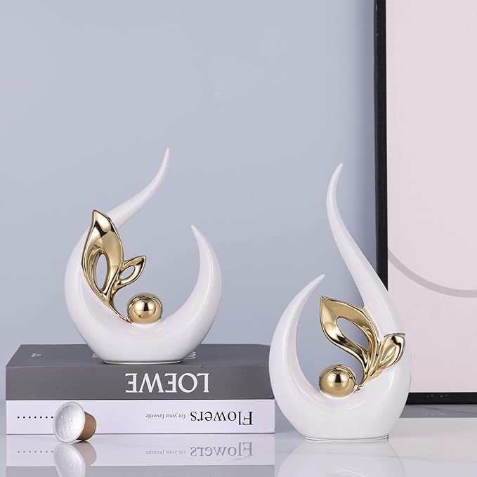 9.4" H White Gold Abstract Sculptures Home Decor, Ceramic Art Statue Cool Stuff to Put on Shelves&tv Stand Decor, Gold Accent Entertainment Center, for Fireplace Coffee Table Dining Table Decorate