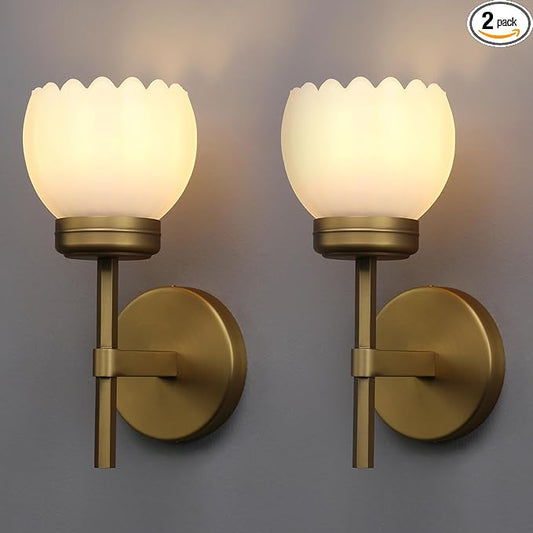 Yosoan Brass Boho Indoor Vintage Wall Sconce Set of 2, Modern Vanity Gold Industrial Hardwired Wall Mounted with Milk Transparent Tulip Flower Shade for Living Room Bedroom Kitchen Hallway(Antique)
