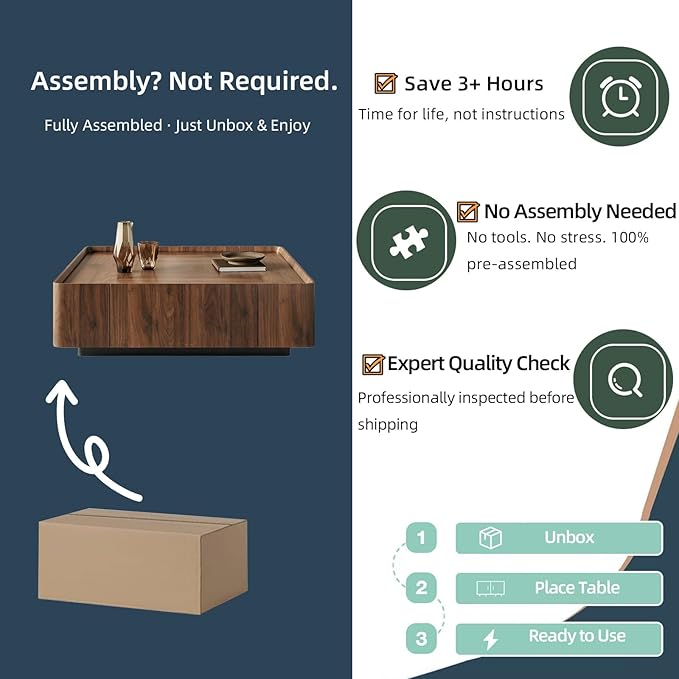 Luxury Solid Wood Coffee Table with Hidden Drawer, Fully Assembled Square Center Table for Living Room, Raised Edge Design, No Installation Needed, Premium Walnut Finish (35.43" Square Coffee Table)