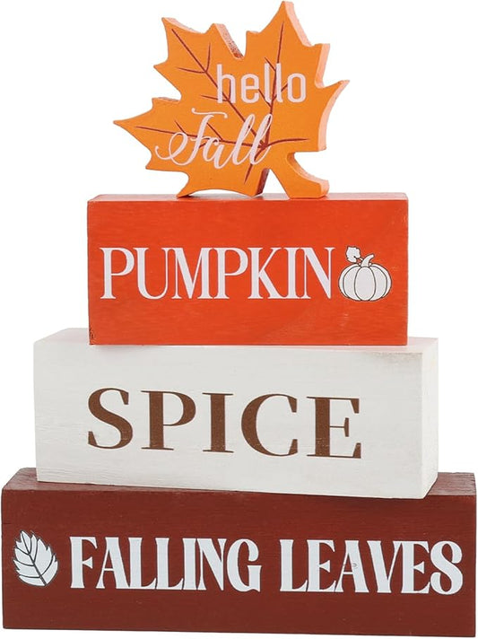 4 Pcs Fall Decor Wooden Table Centerpieces Fall Maple Leaf Block Sign Decorations for Home Wooden Tiered Tray Decor for Tabletop Decor Autumn Harvest Party Home Kitchen