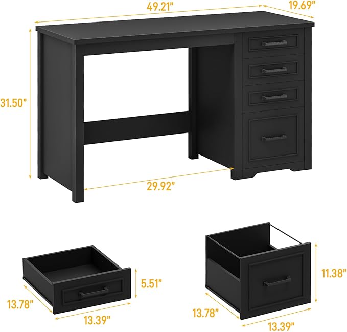 Vabches Farmhouse 49” Executive Desk with File Drawer, 4 Drawers Reversible Computer Desk with Storage, Rustic Home Writing Workstation for Home Office.Black