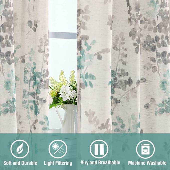 H.VERSAILTEX Linen Sheer Curtains for Living Room Sheer Panels 84 Inches Long Light Filtering Tab Top Window Treatment Drapes for Bedroom, 2 Panels, Vintage Classical Floral Print Turquoise and Taupe
