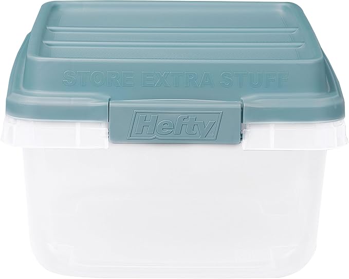Hefty 18 Quart Hi-Rise Storage Bin with Lid, Stackable Plastic Container for Home, Office, and Classroom Organization, 8 Pack, Smoke Blue