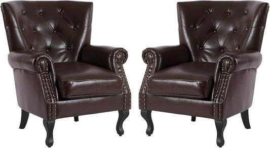 MOJAY PU Leather Accent Chair Set of 2, Modern Armchair Living Room Chair, Upholstered Club Chair with Rivet Trim, Mid-Century Sofa Chair with Sturdy Wood Legs for Bedroom (Caramel)