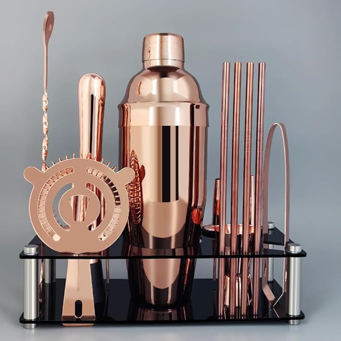 14-Piece Cocktail Shaker Set Bartender Kit with Black Stand, Bar Tool Set for Drink Mixing Bartending Kit Bar Sets Accessories: 750ml(25oz) Shaker, Jigger, Muddler, Cocktail Recipes (Rose Gold)