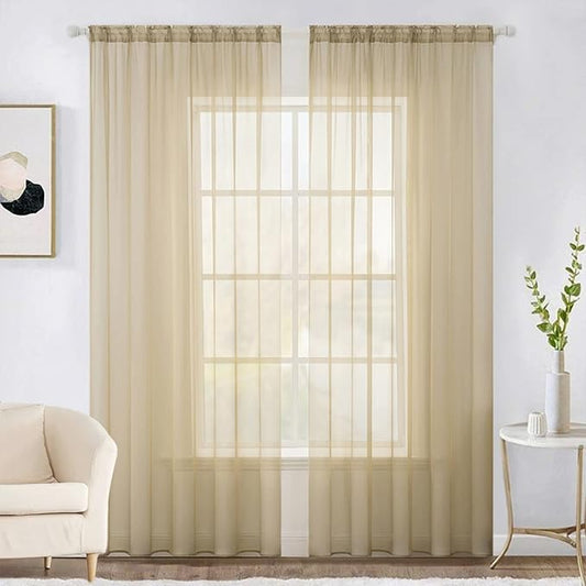MIULEE 2 Panels Solid Color Sheer Window Curtains Elegant Window Voile Panels/Drapes/Treatment for Bedroom Living Room (54 X 102 Inches Beige)